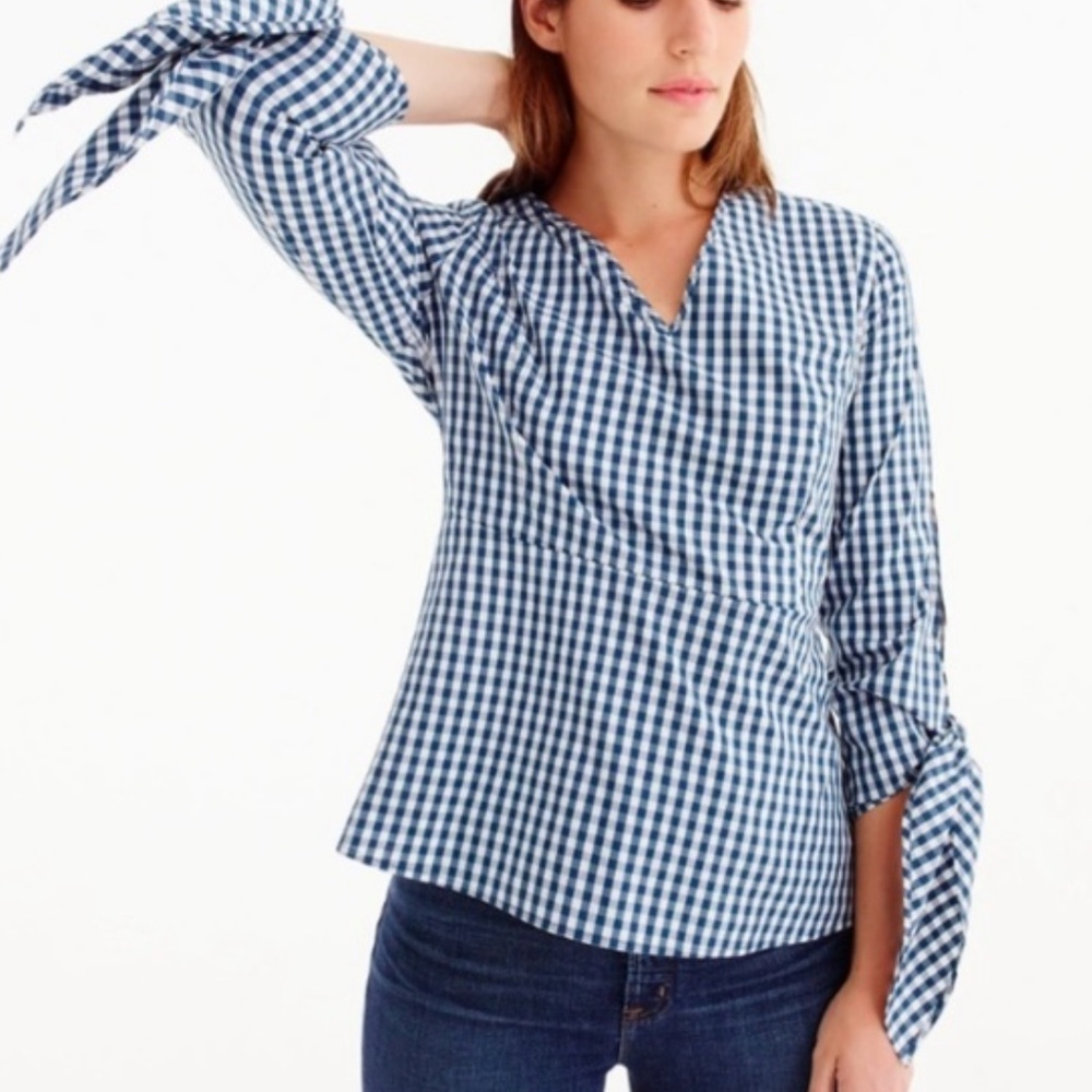 Universal Standard x J Crew Blue White Gingham Check Poplin Tie-Sleeve Top Sz M